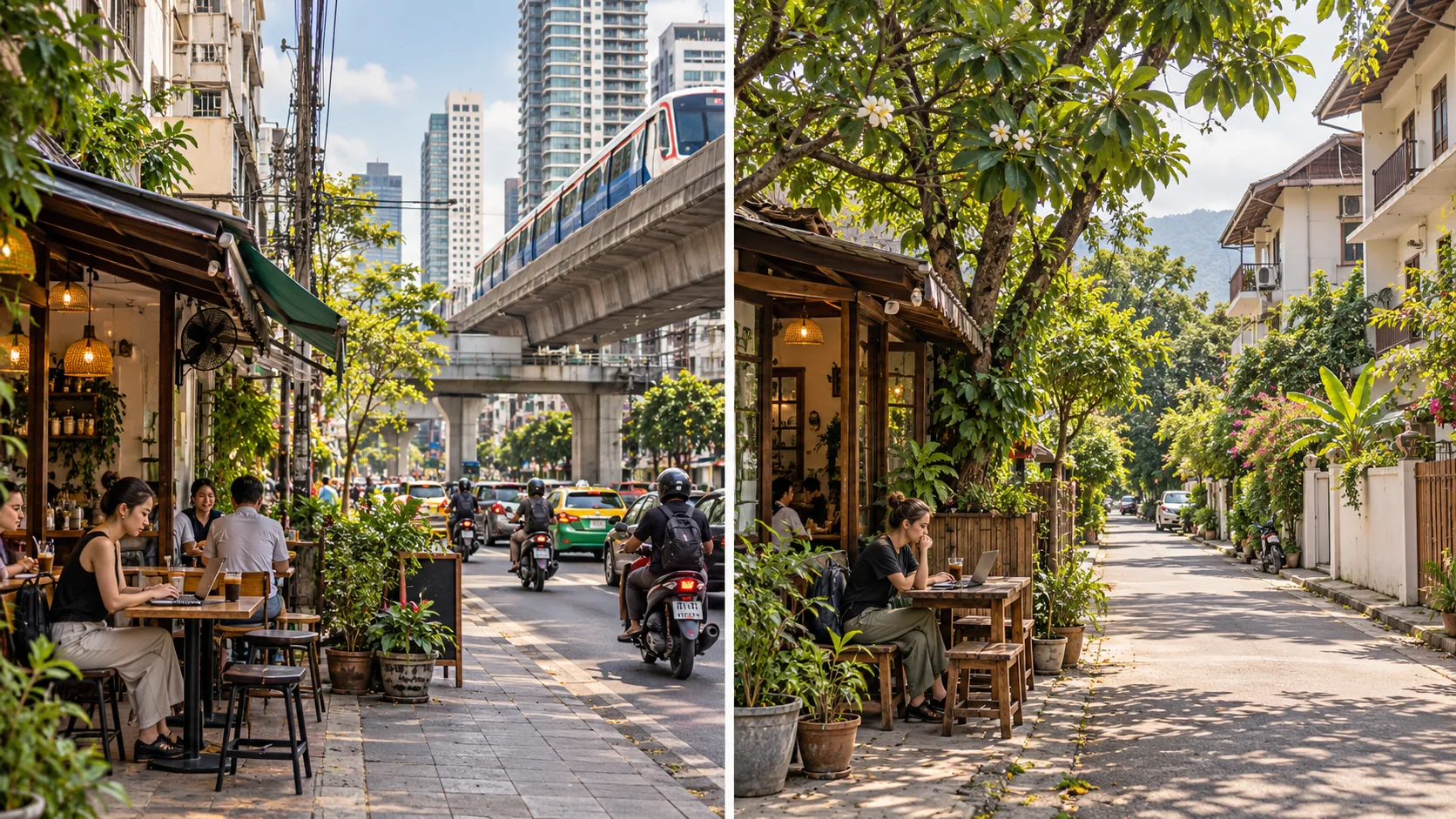 A split view of everyday cafe and residential streets near Bangkok transit and in a greener Chiang Mai neighborhood; illustrative comparison.