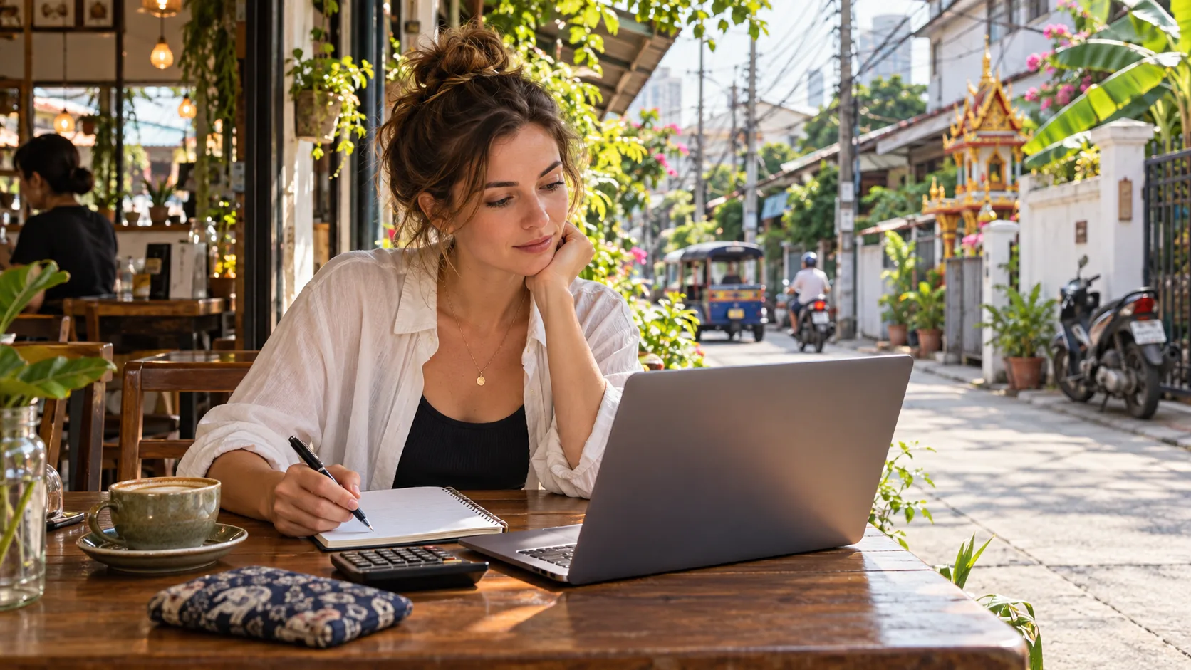 A teacher reviews a monthly budget at a modest Bangkok cafe with neighborhood street life outside. Illustrative image, not a testimonial.