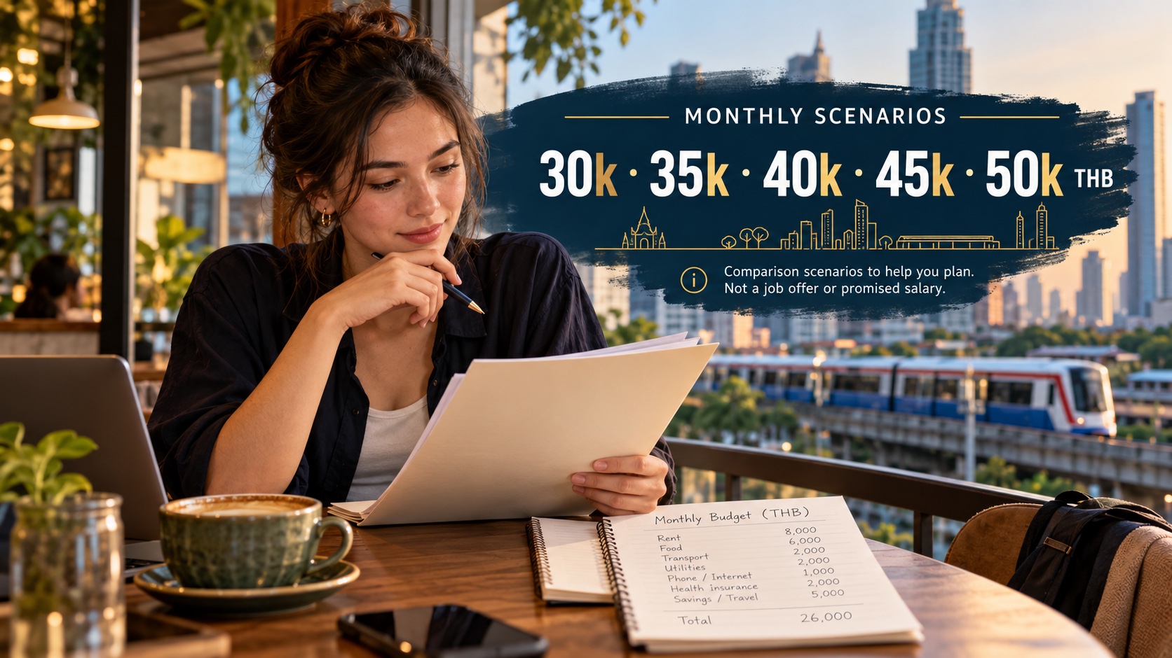 First-time teacher reviews monthly salary comparison scenarios from ฿30,000 to ฿50,000 in Bangkok; illustrative, not a job offer.