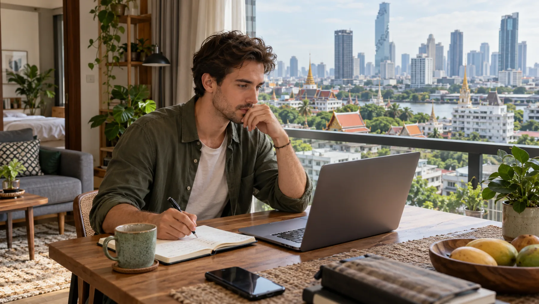 A teacher planning moving costs at a Bangkok apartment table, with a laptop and notebook beside a city view.