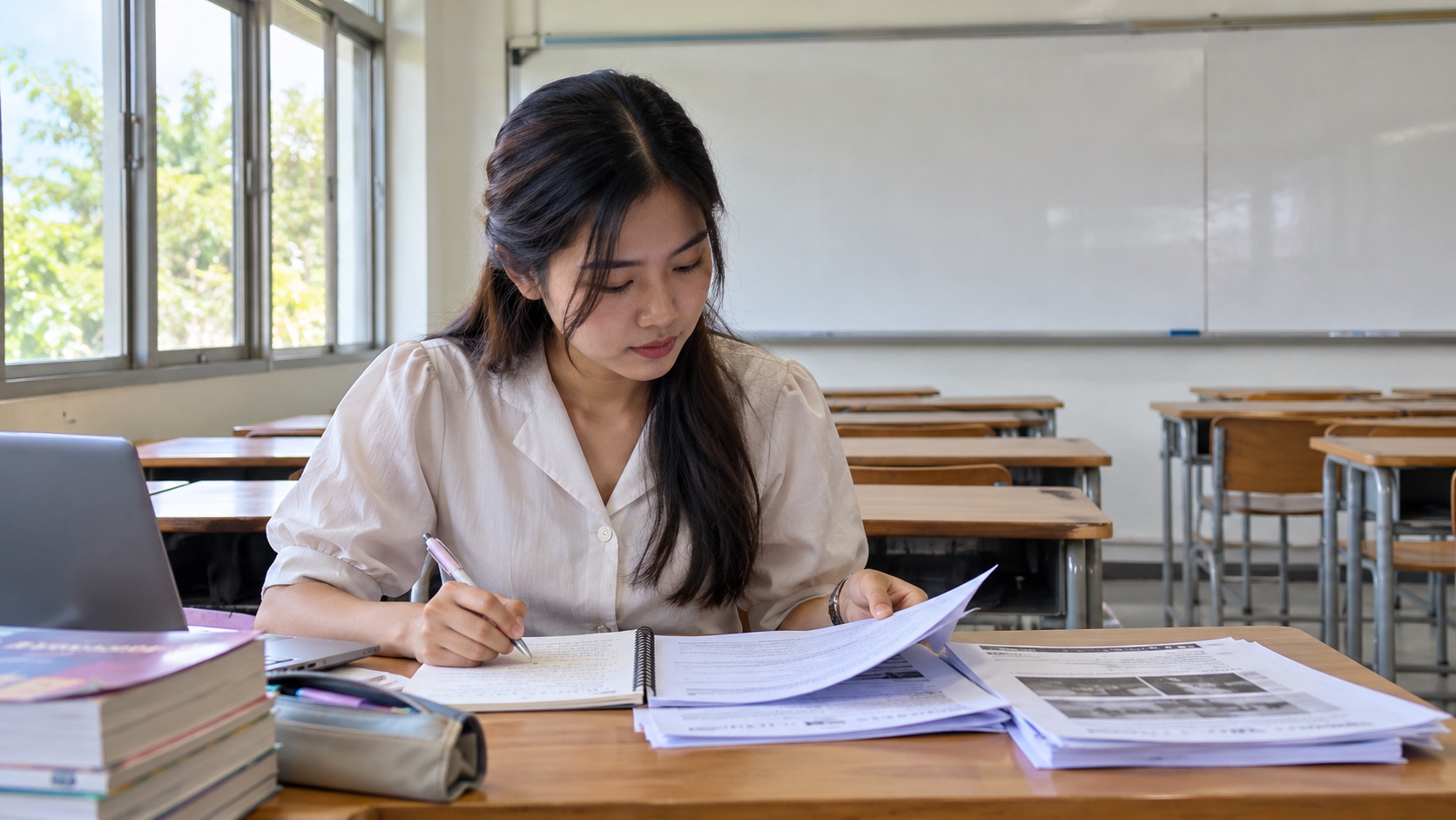 An aspiring English teacher reviews lesson notes and worksheets at a desk in a Thai classroom.