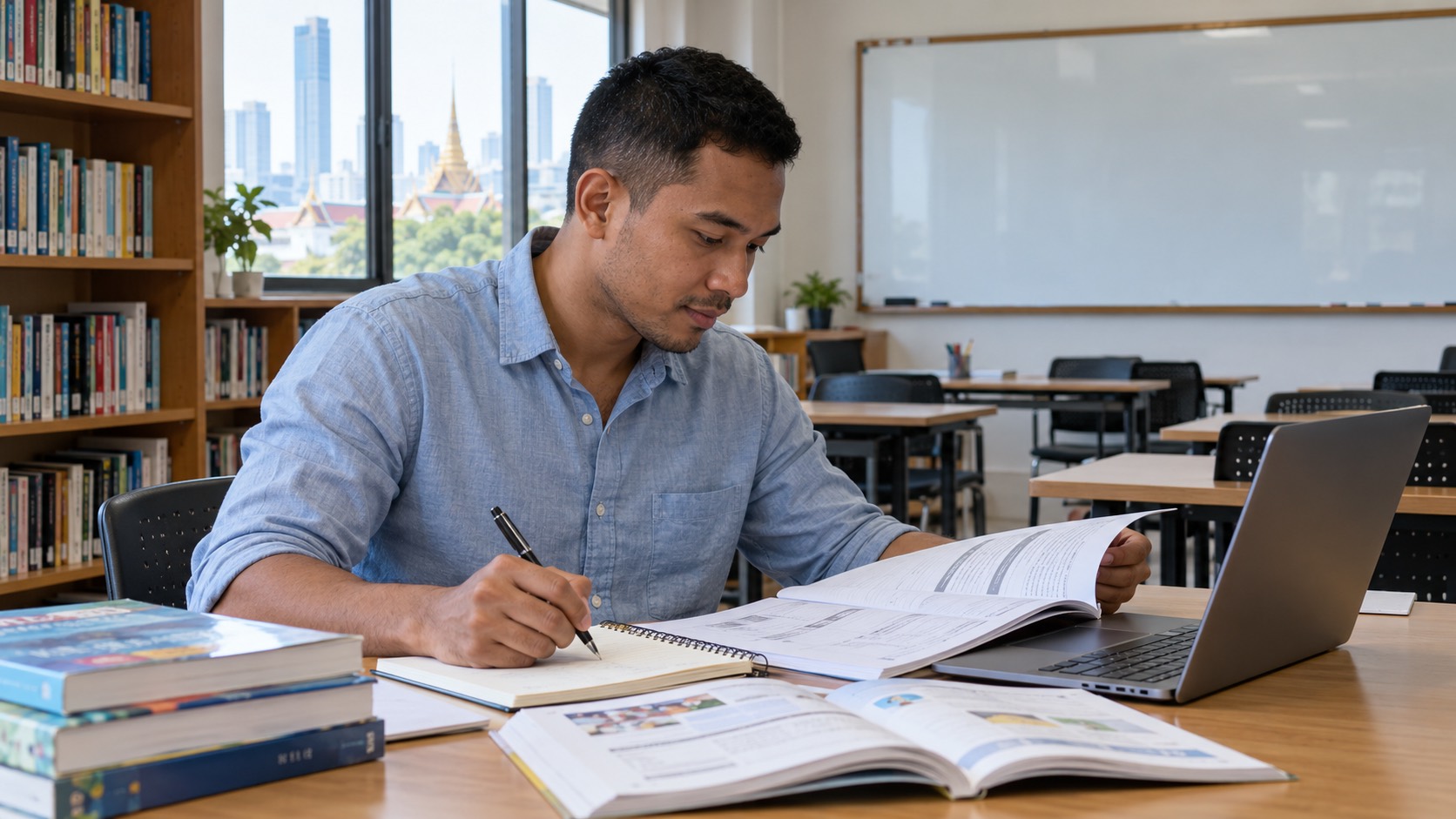 An aspiring English teacher reviews TEFL course materials at a desk in a Bangkok classroom.