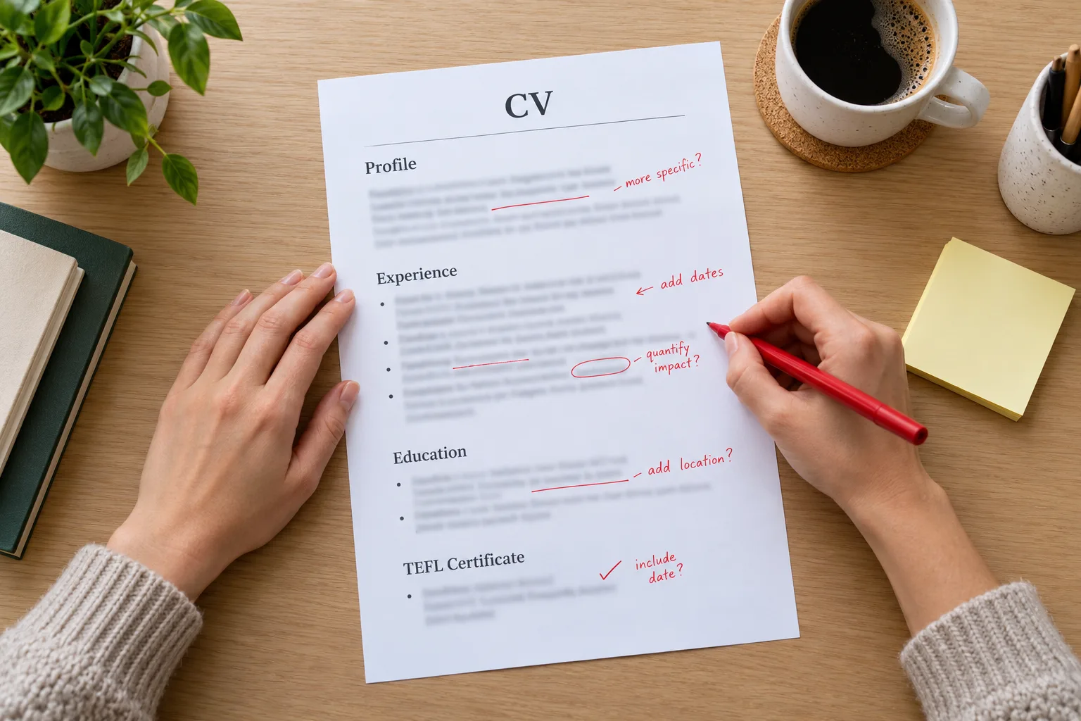 Overhead view of a printed English teaching CV being marked up with a red pen on a desk.