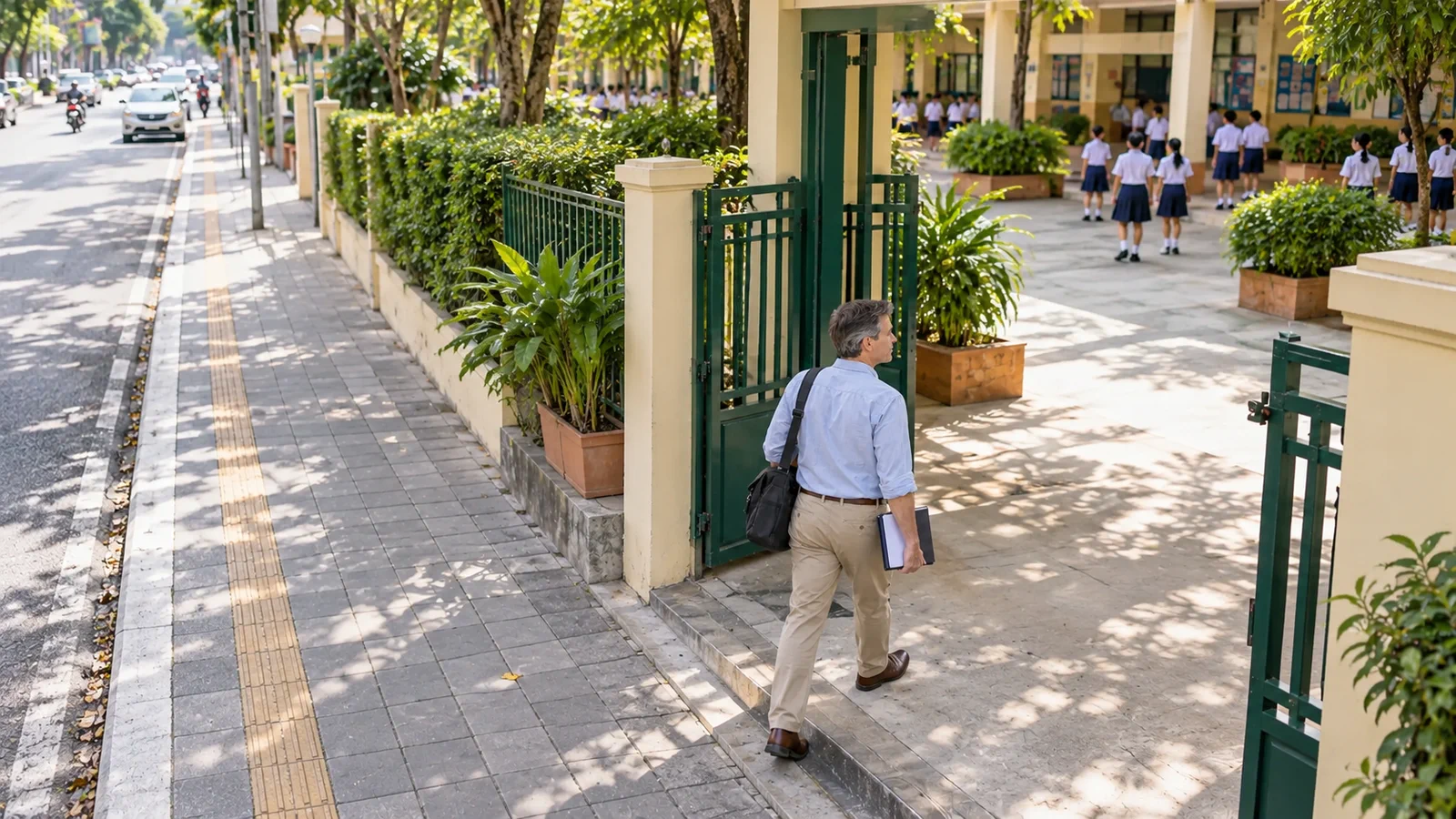 An adult career changer with a document folder approaches a school in Bangkok; illustrative AI-generated scene, not a real applicant or school.