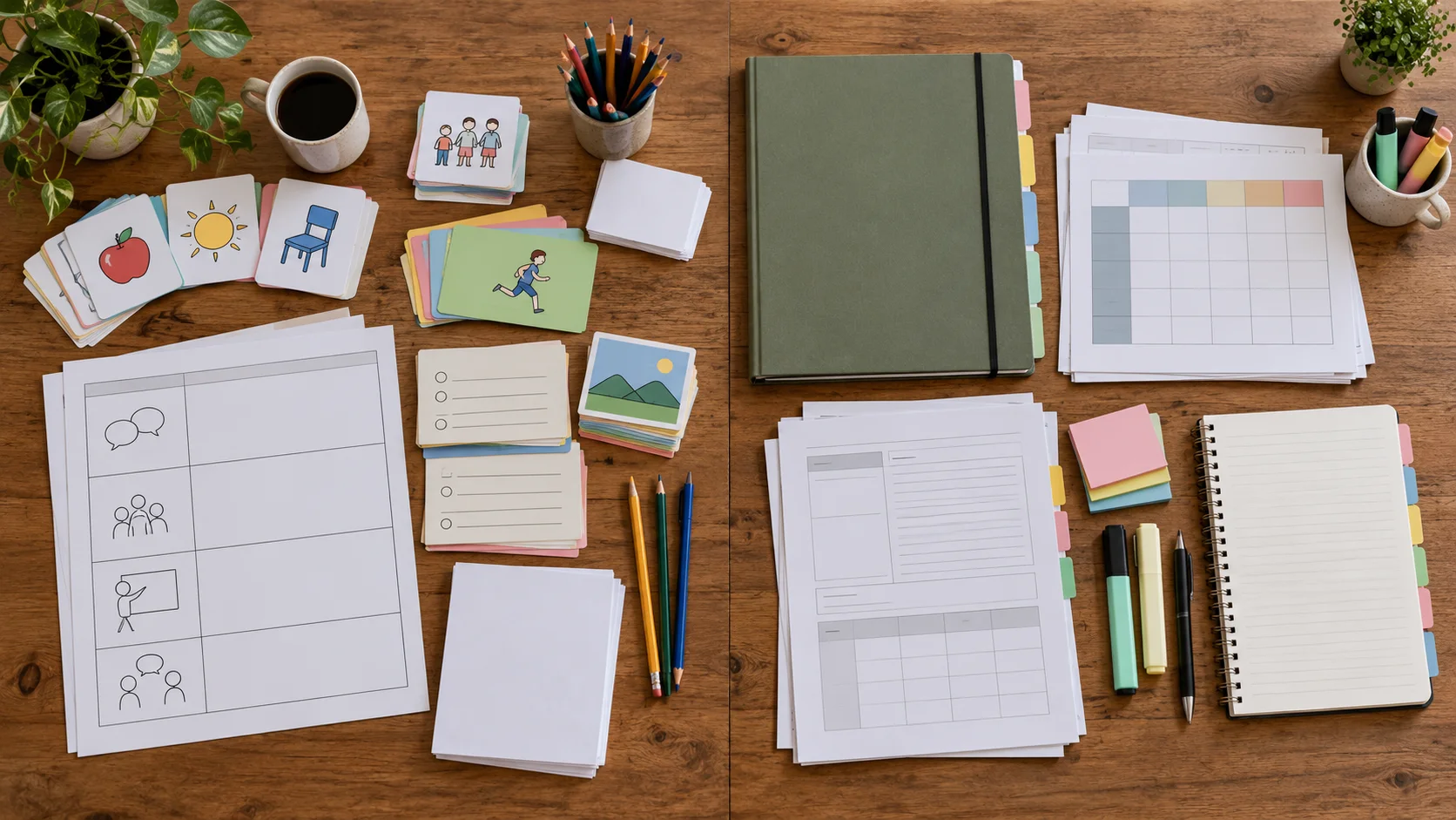 Bird’s-eye view of practical TEFL teaching materials beside academic coursework and assessment papers on a wooden desk.