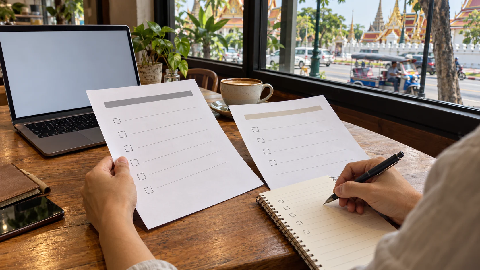 Hands compare printed course information and a checklist at a Bangkok café table; illustrative editorial image.