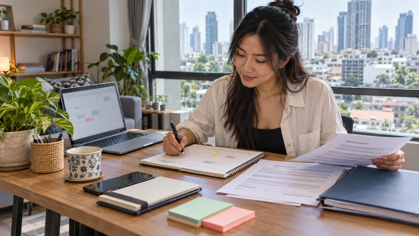 An aspiring English teacher in Bangkok plans job applications with a laptop, calendar and CV papers; illustrative AI-generated scene.