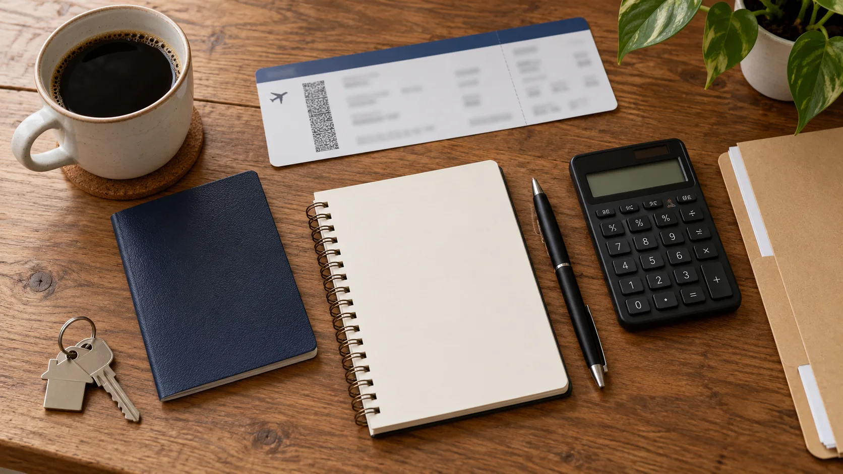 A closed passport, generic itinerary, blank notebook, calculator, keys and coffee arranged for move planning; illustrative image.