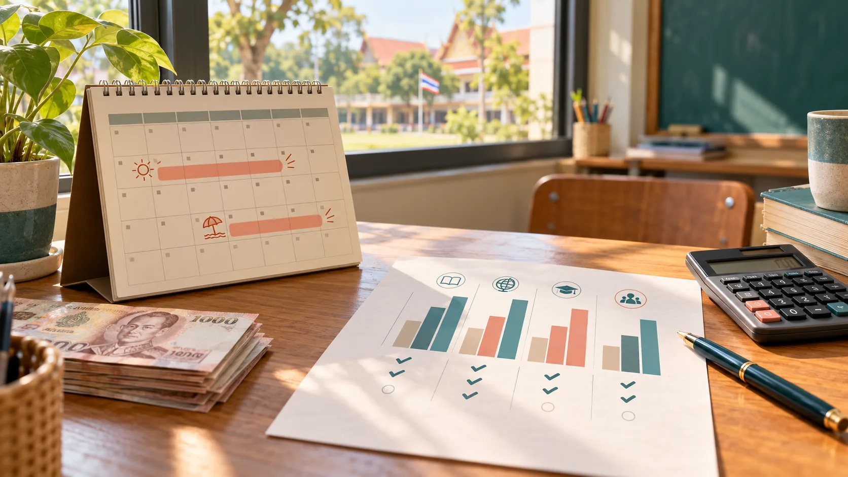 Illustrative desk scene with a school calendar and salary comparison sheet for evaluating paid school breaks; not an actual contract or job offer.