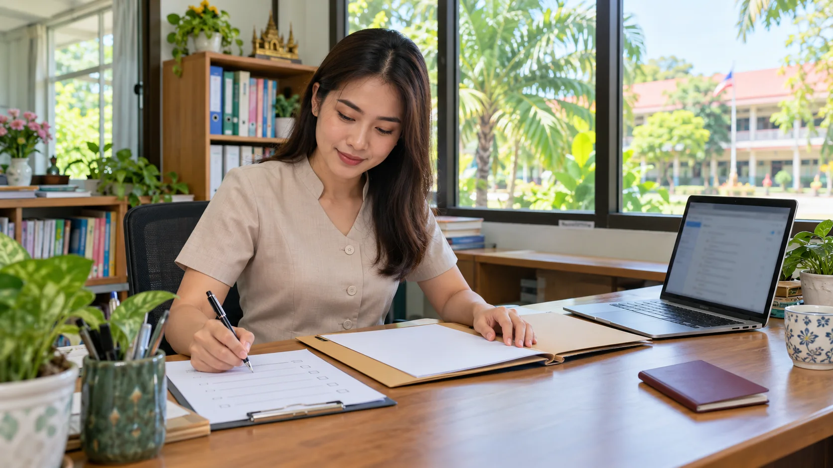 English teacher reviews a school employment folder, passport and work-permit checklist at a desk in Thailand.