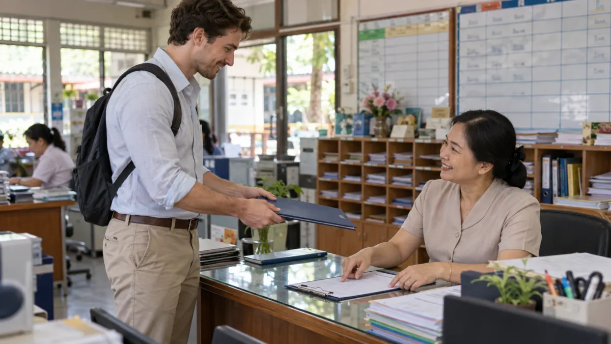 A foreign teaching applicant hands a document folder to a school staff member in a Thai school office.