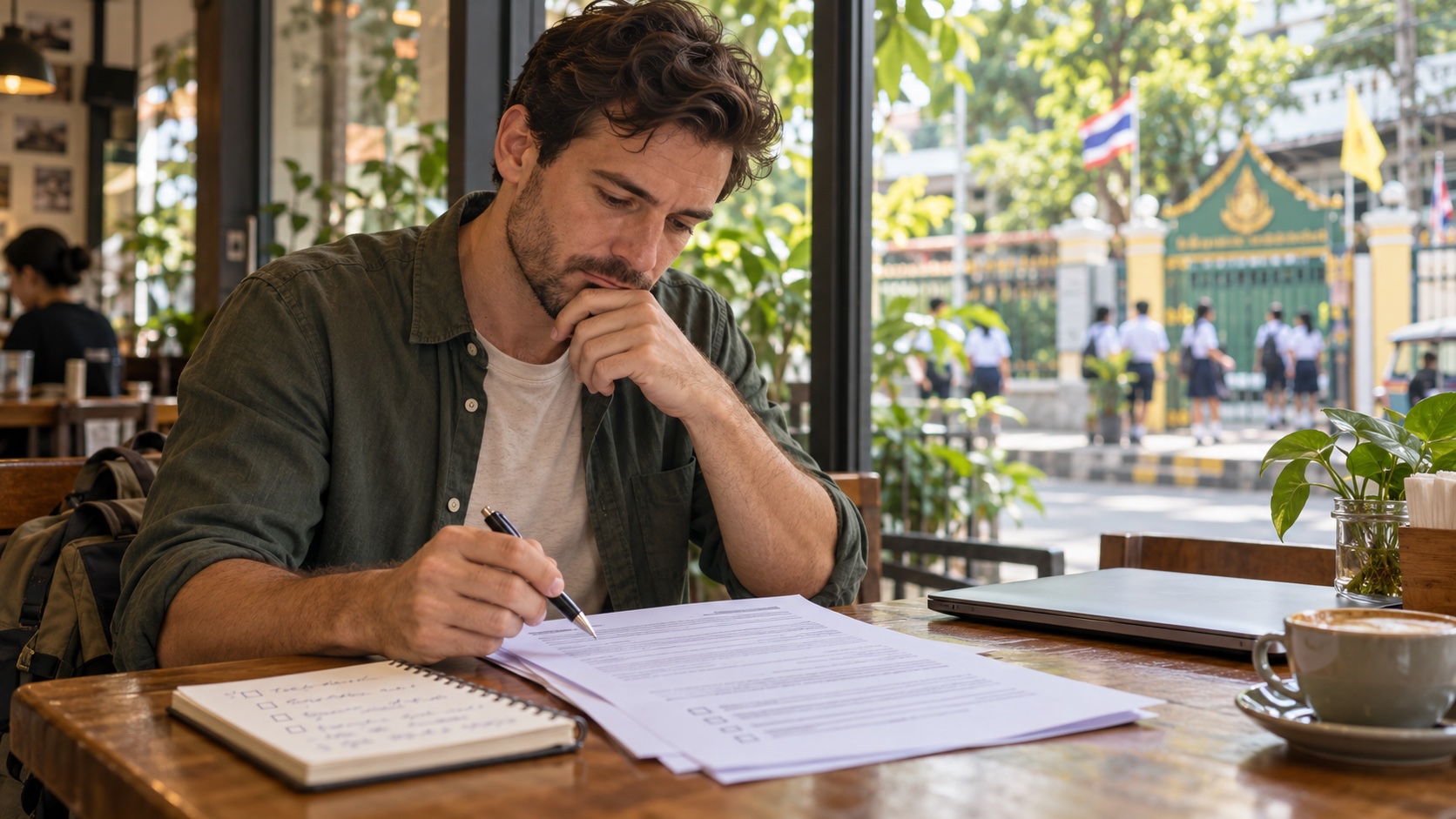 A teacher carefully reviews a written Thailand teaching job offer and checklist before signing.