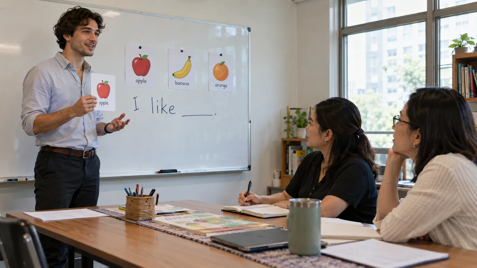 A teacher candidate rehearses a beginner English picture-card lesson while two school interviewers observe and take notes.