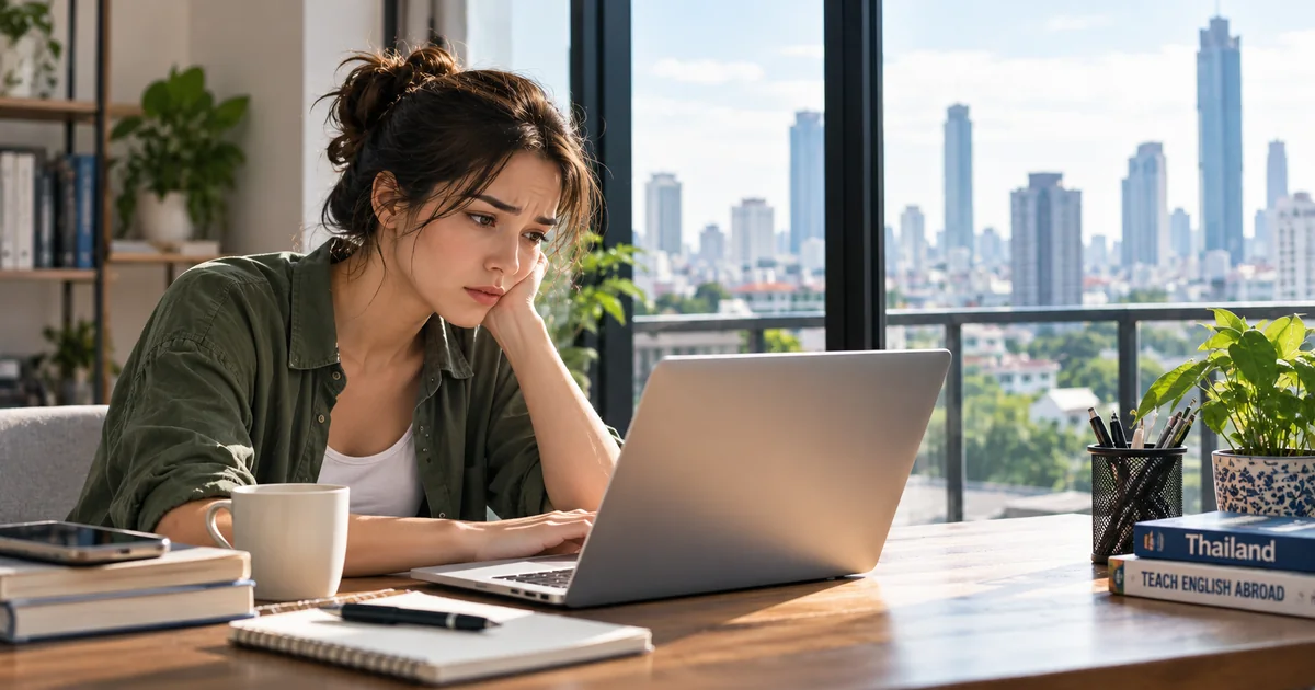 An English-teaching job applicant checks a laptop in a Bangkok apartment while waiting to hear back.