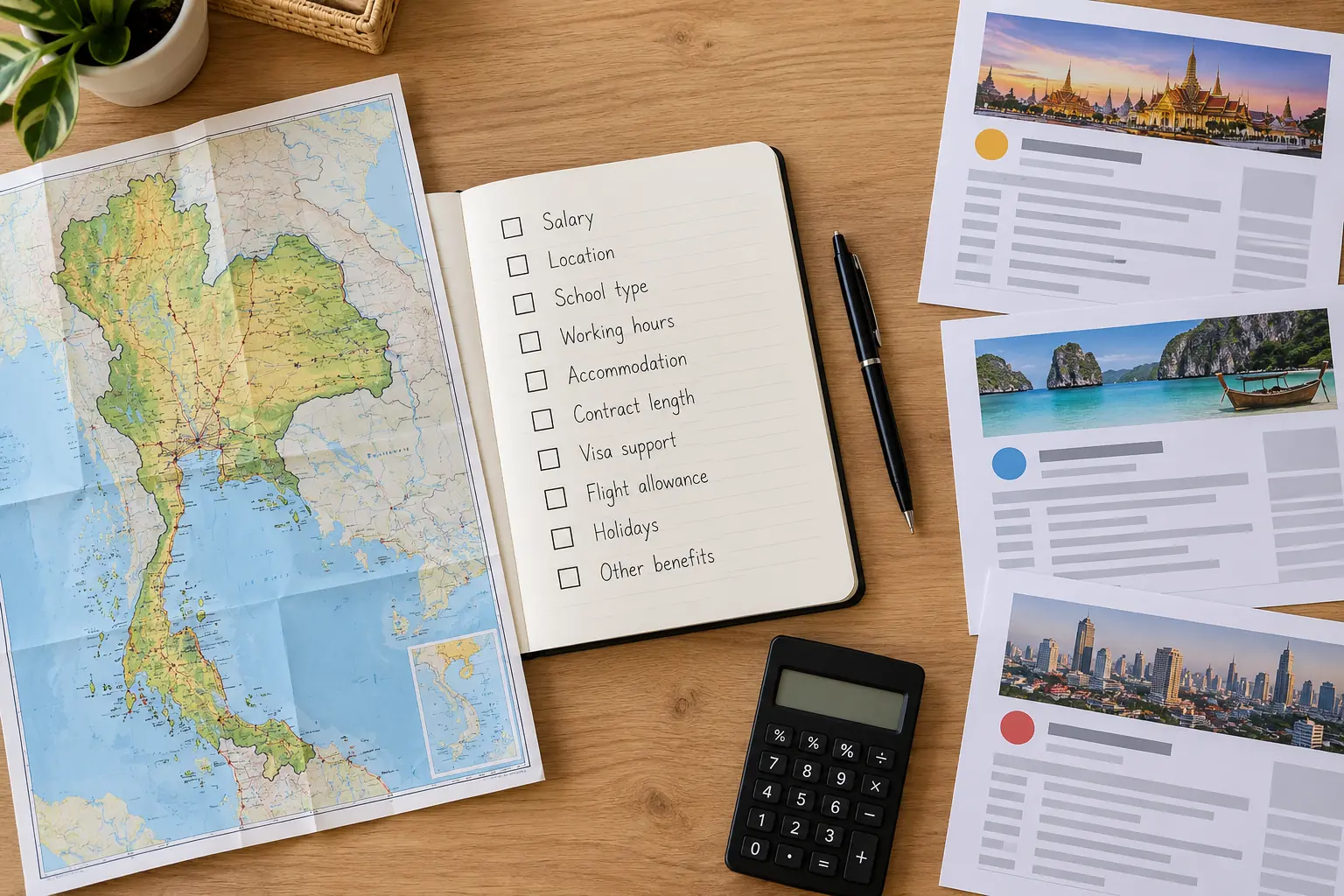 Overhead view of a desk with Thailand map, fictional teaching job listings and a checklist for comparing school vacancies.